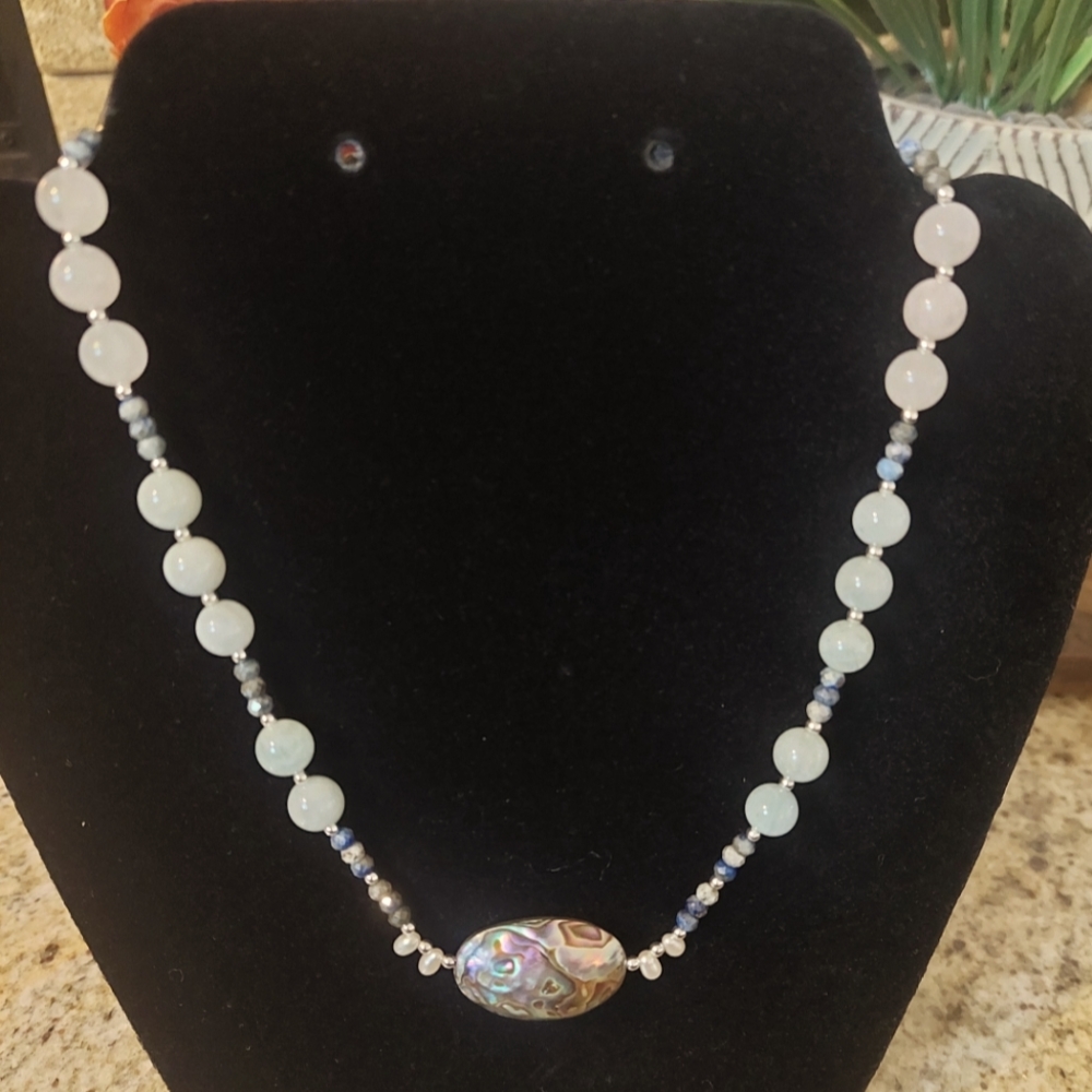 16 inch necklace, quartz, aquamarine, quartz beads with abalone center bead
